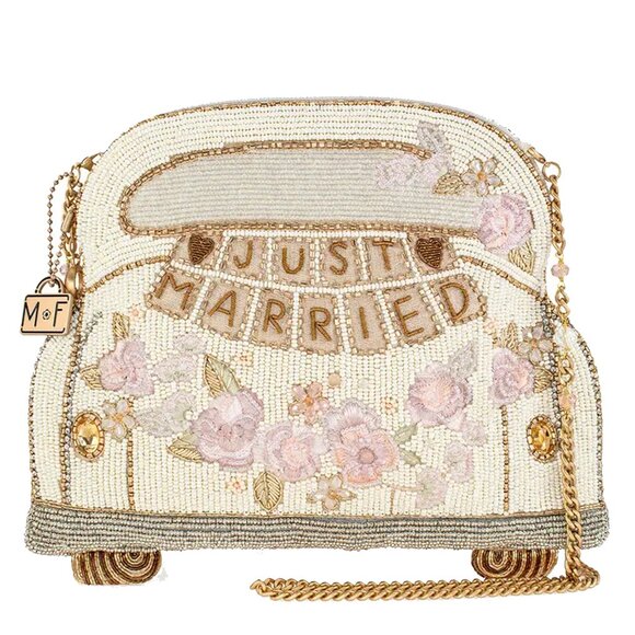 Mary Frances Just Married Beaded Car Zip Handbag Wedding Bag Ivory Gold Purse NW - Picture 1 of 8